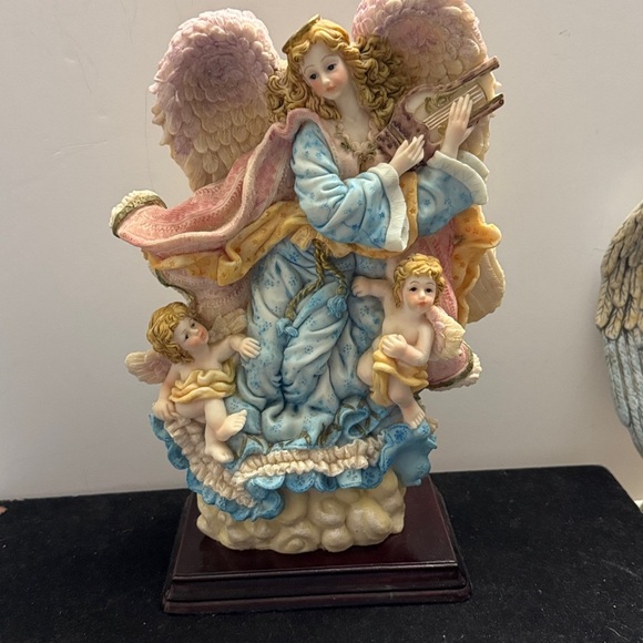 Other - Angel and Cherubs Statue, 11” Tall, Resin On Wood Base, Unbranded